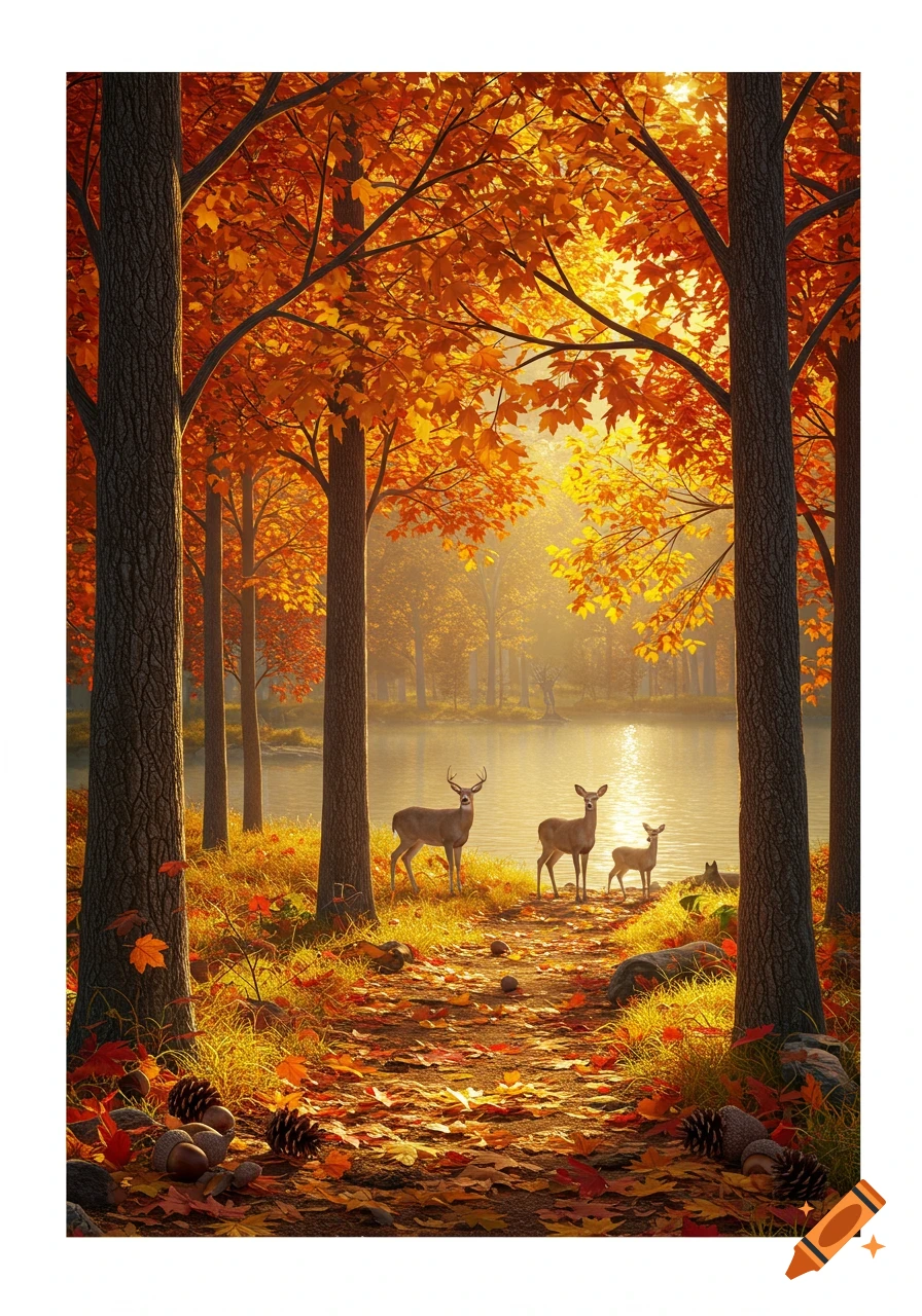 A photorealistic autumn forest scene with golden trees and fallen leaves on a path. Three deer stand by a sun-dappled lake.