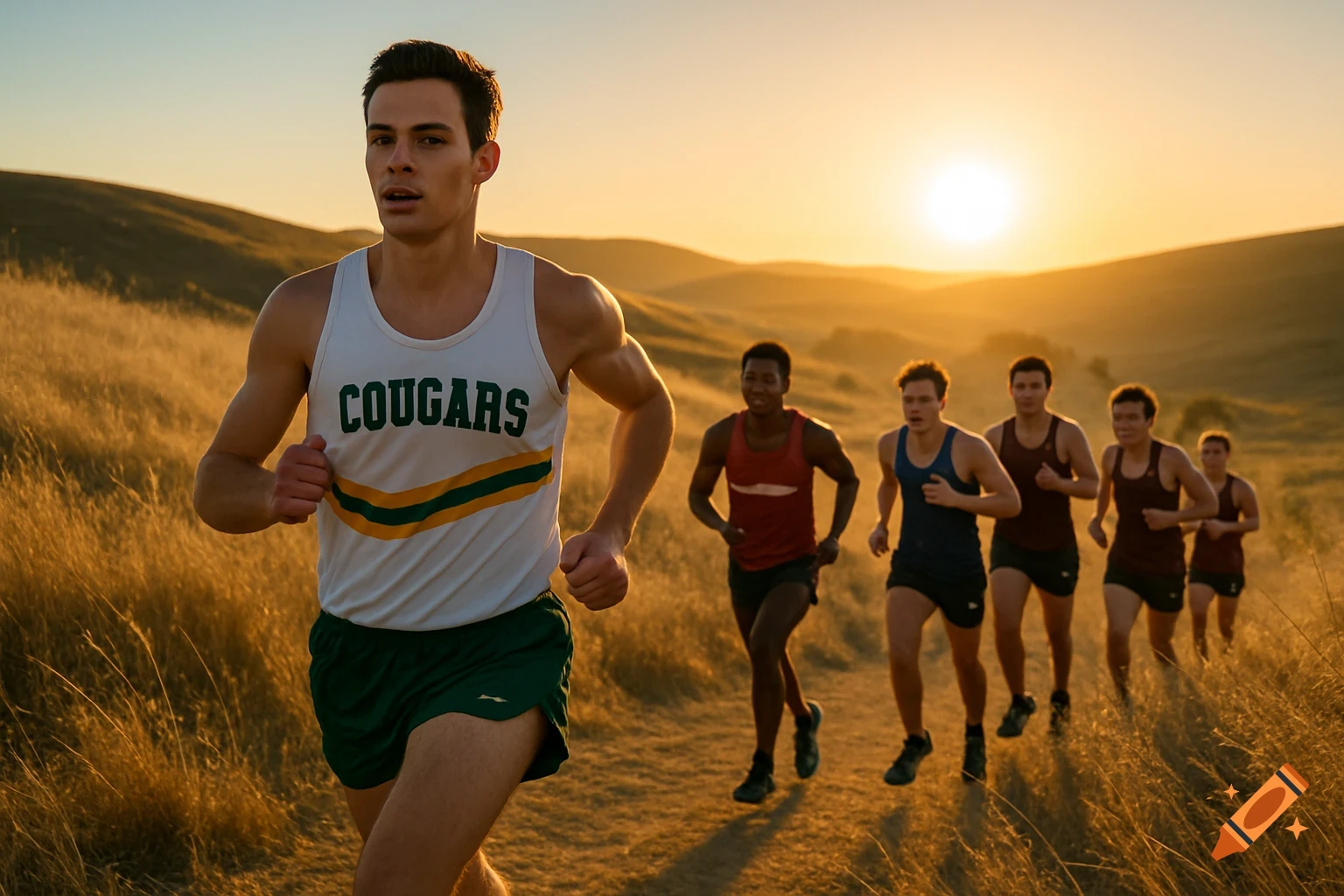 Photorealistic image of high school cross country runners racing on dry, rolling hills at sunset, led by a runner in a 'COUGARS' singlet.