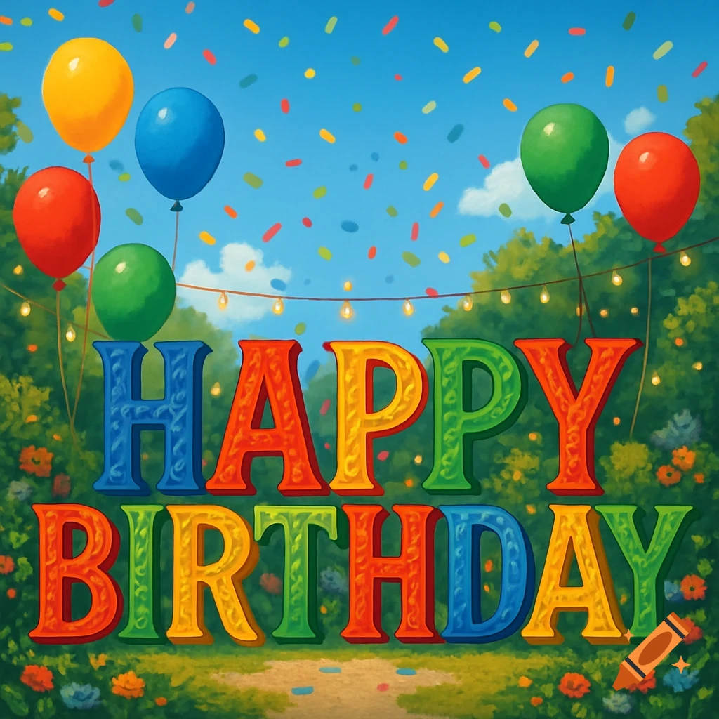 Large, colorful 'HAPPY BIRTHDAY' letters in a vibrant, painterly style, surrounded by balloons, confetti, and green foliage under a blue sky.