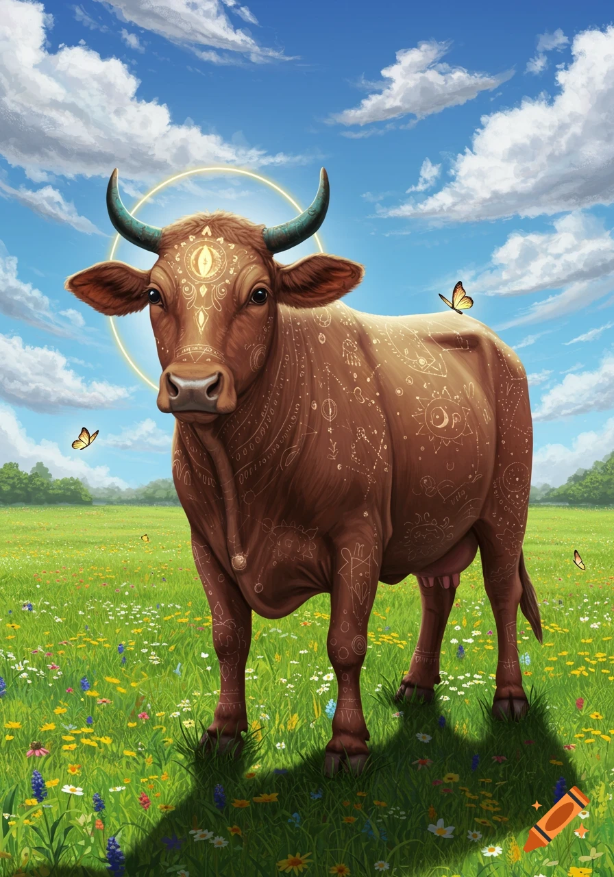 A majestic brown sacred cow with glowing turquoise horns and intricate golden patterns, including a halo, stands in a vibrant wildflower meadow under a bright blue sky. Butterflies flutter around it.