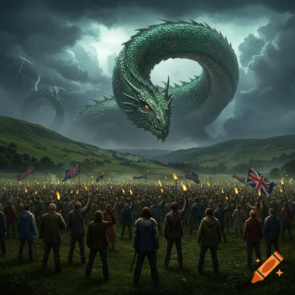 A massive green dragon looms under a stormy sky as a torch-bearing crowd with UK flags gathers in a field below.