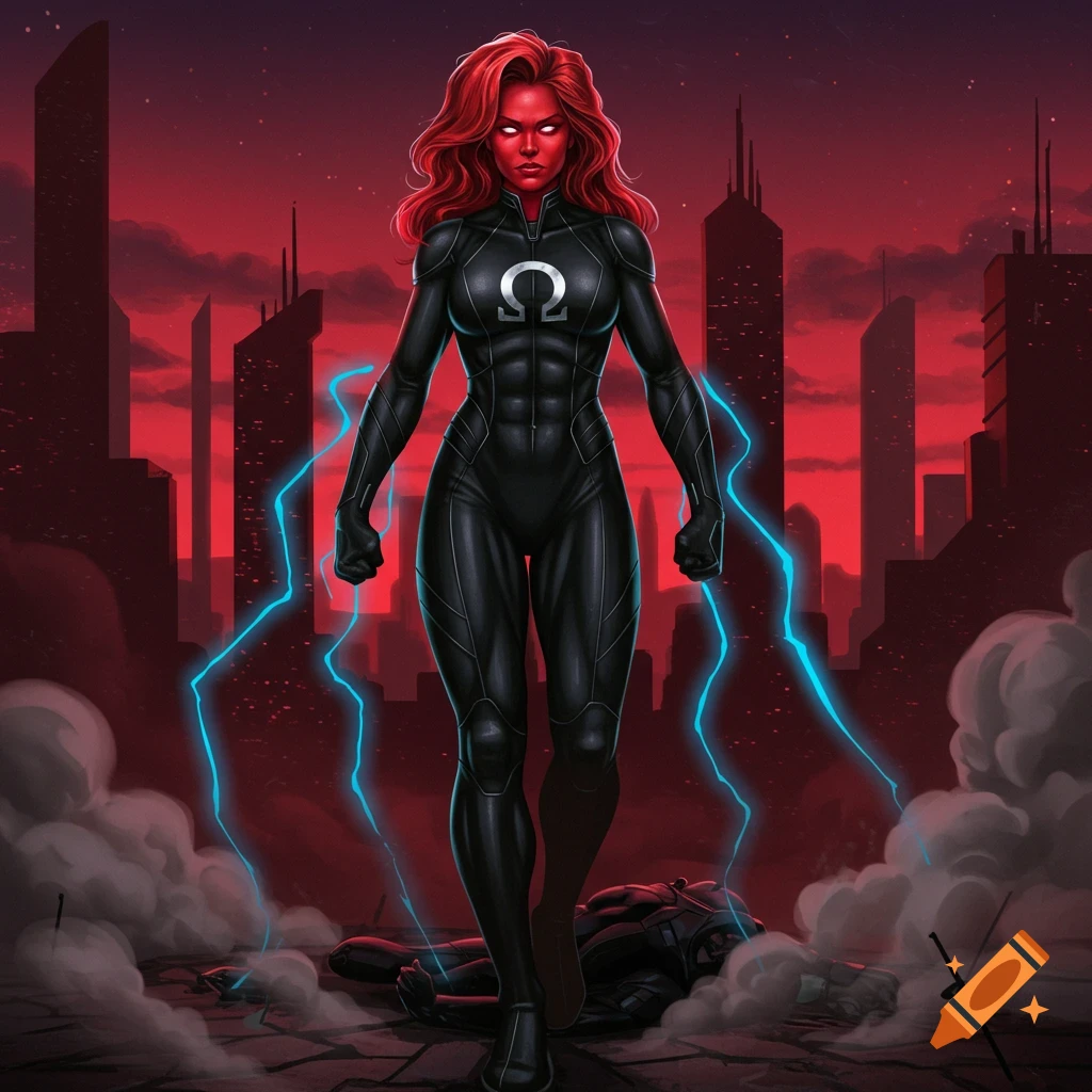 Red-skinned, red-haired superhero in a black suit with an omega symbol walks through a red cityscape with blue lightning, comic art style.