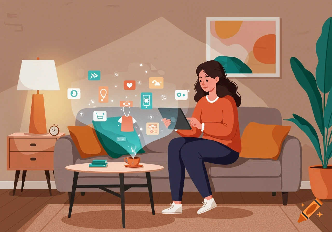 An illustrated woman sits on a sofa, happily using a tablet, with shopping icons floating from it in a cozy living room.