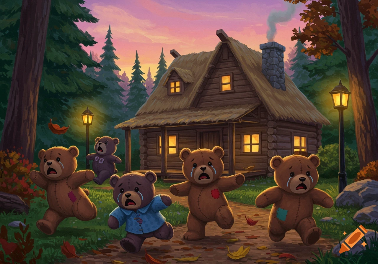 Cartoon crying teddy bears run from a rustic forest cabin under a sunset sky.