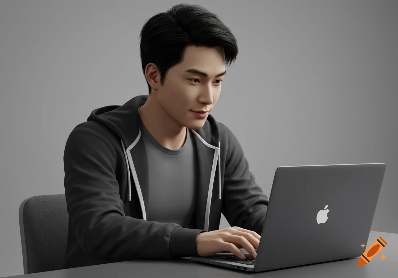 A young man in a black hoodie sits at a desk, typing on a silver laptop with an Apple logo, against a grey background in a photorealistic style.
