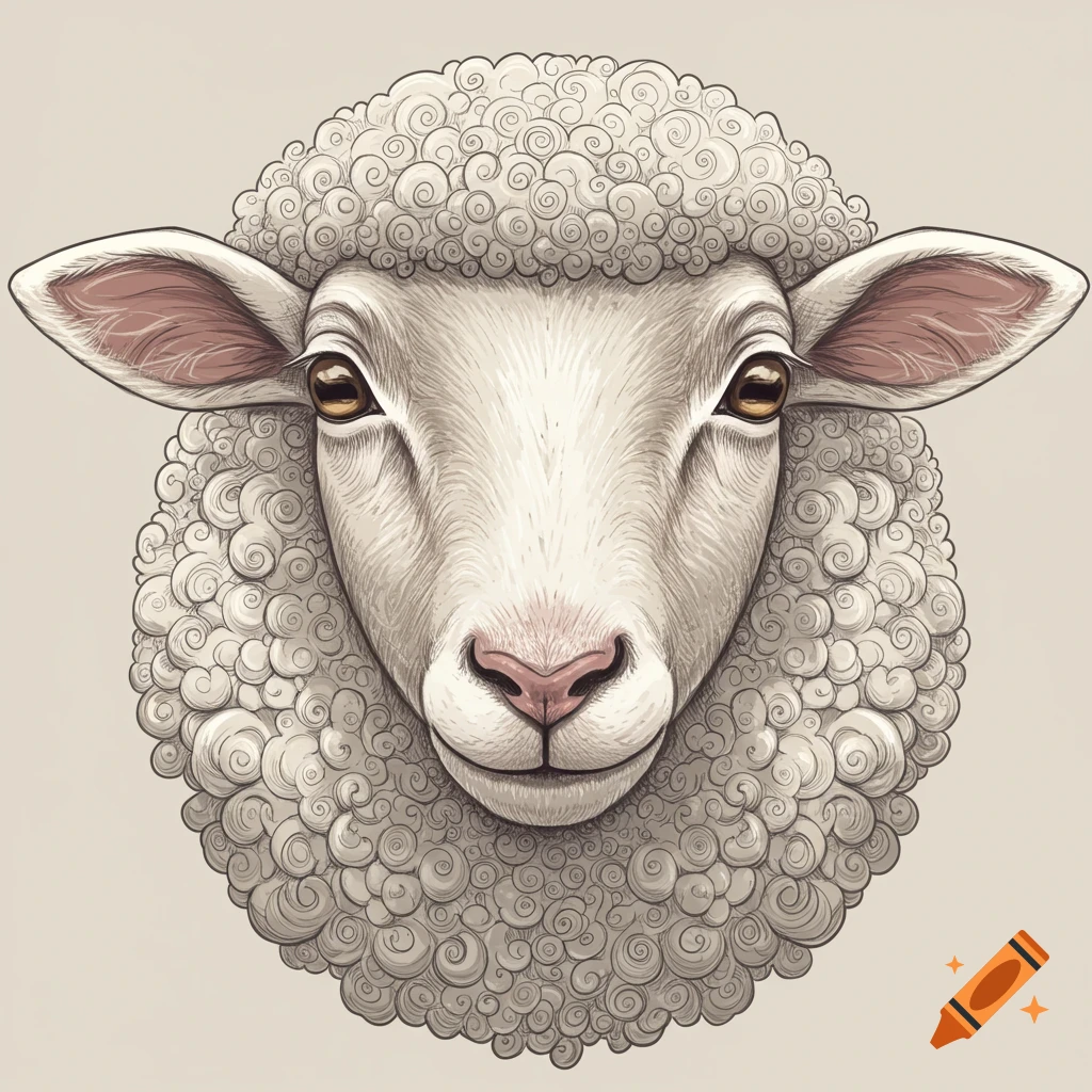 Close-up illustration of a sheep's face with curly white wool and large ears on a plain, light background.
