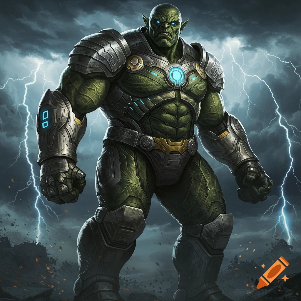 Muscular green Abomination in sci-fi battle armor with glowing blue accents stands against a stormy sky with lightning.