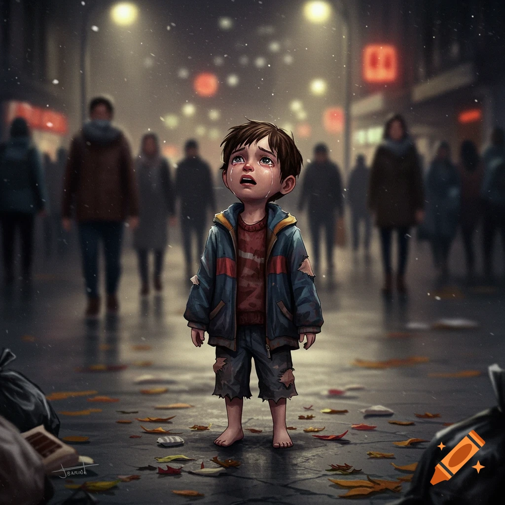 A crying, barefoot boy in tattered clothes stands alone on a city street at night, looking up as blurred figures walk by in the background. Leaves and trash are scattered on the wet ground.