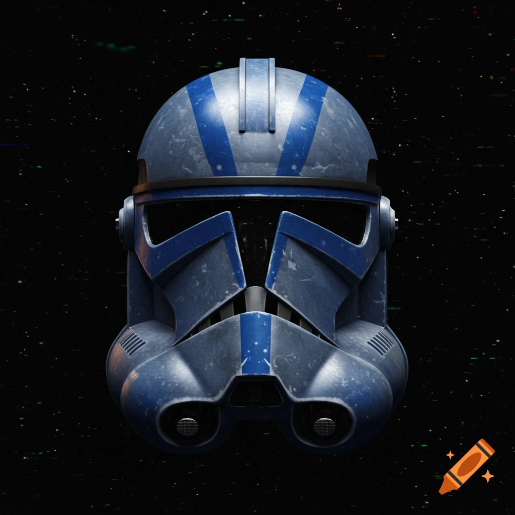 A detailed, weathered blue and silver clone trooper helmet from Star Wars against a starry background.