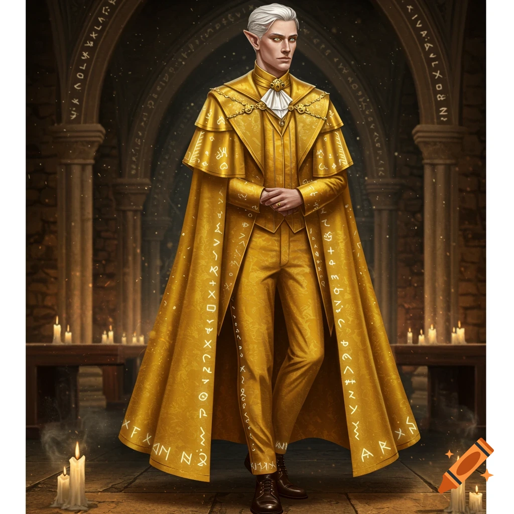 A male elf-like spellcaster in an ornate golden formal suit and flowing cape adorned with runes stands in a candlelit gothic hall.