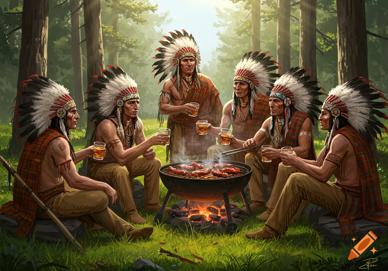 Group of men in feathered headdresses and tartan shawls drinking and cooking at a barbecue in a sunlit forest.
