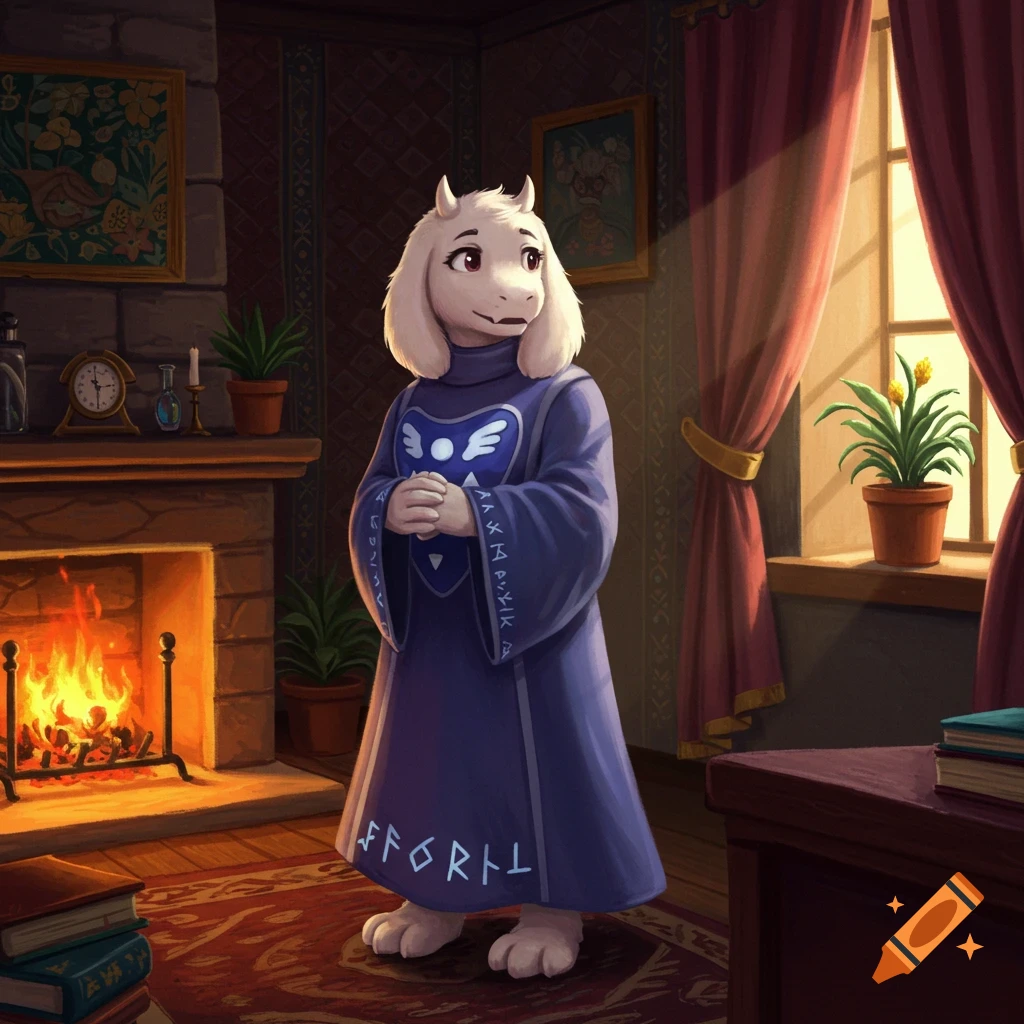 A friendly, white-furred, goat-like monster wearing a purple robe stands in a cozy, sunlit room with a fireplace and plants.
