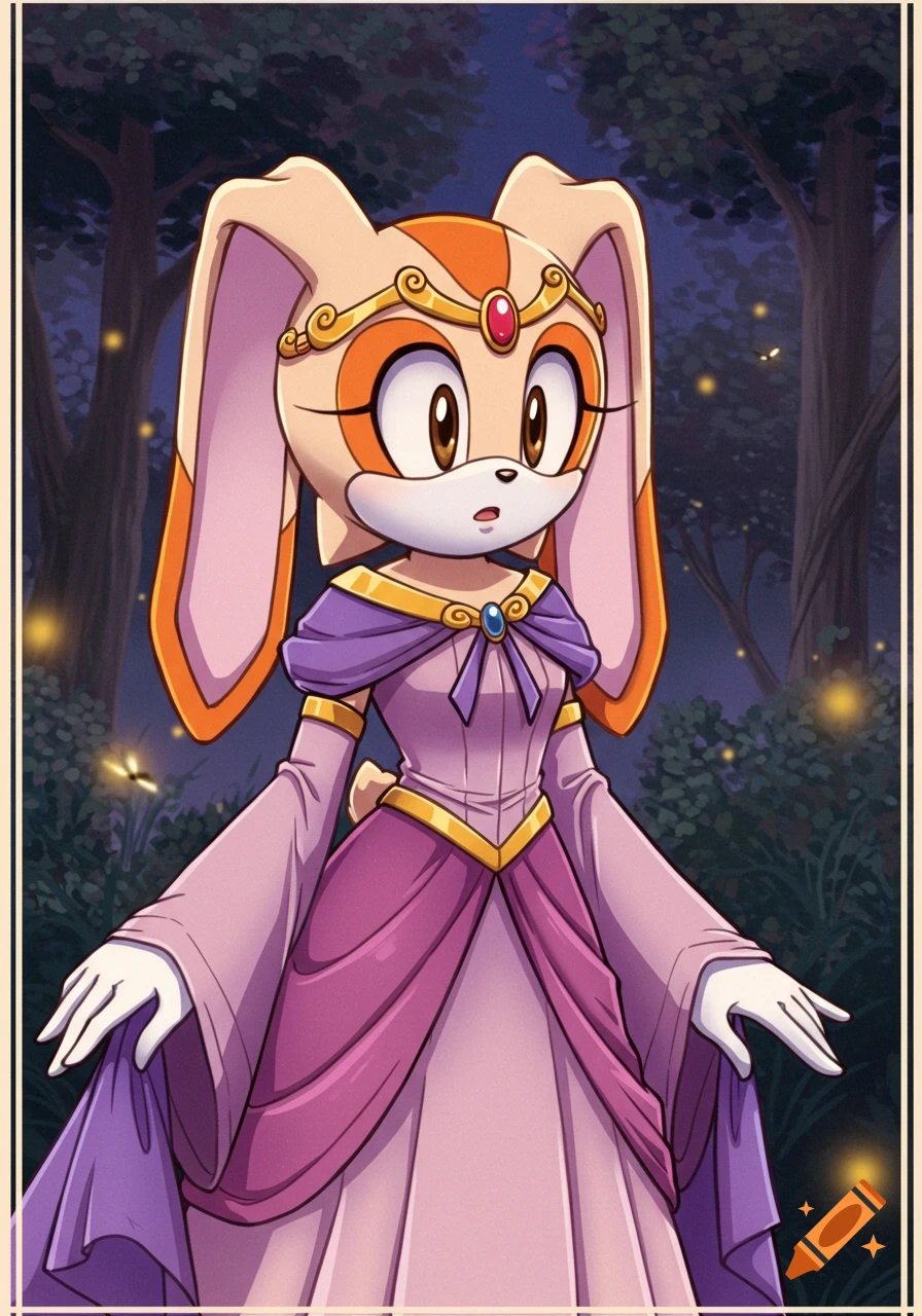 Cream the Rabbit in an anime style, wearing a purple and pink fantasy gown and gold circlet, stands in a dark forest with glowing fireflies.