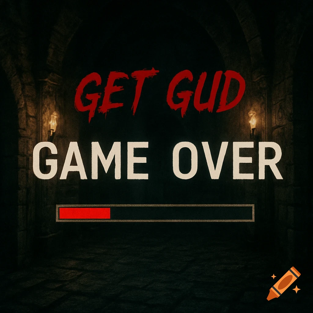 Game over screen in a dark dungeon, featuring 'GET GUD' in red, 'GAME OVER' in white, and a red health bar.