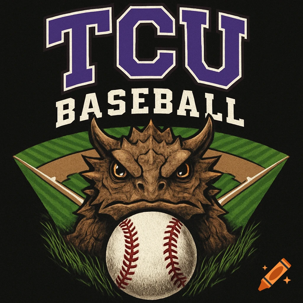 TCU BASEBALL text above a horned toad mascot holding a baseball with a baseball diamond in the background.