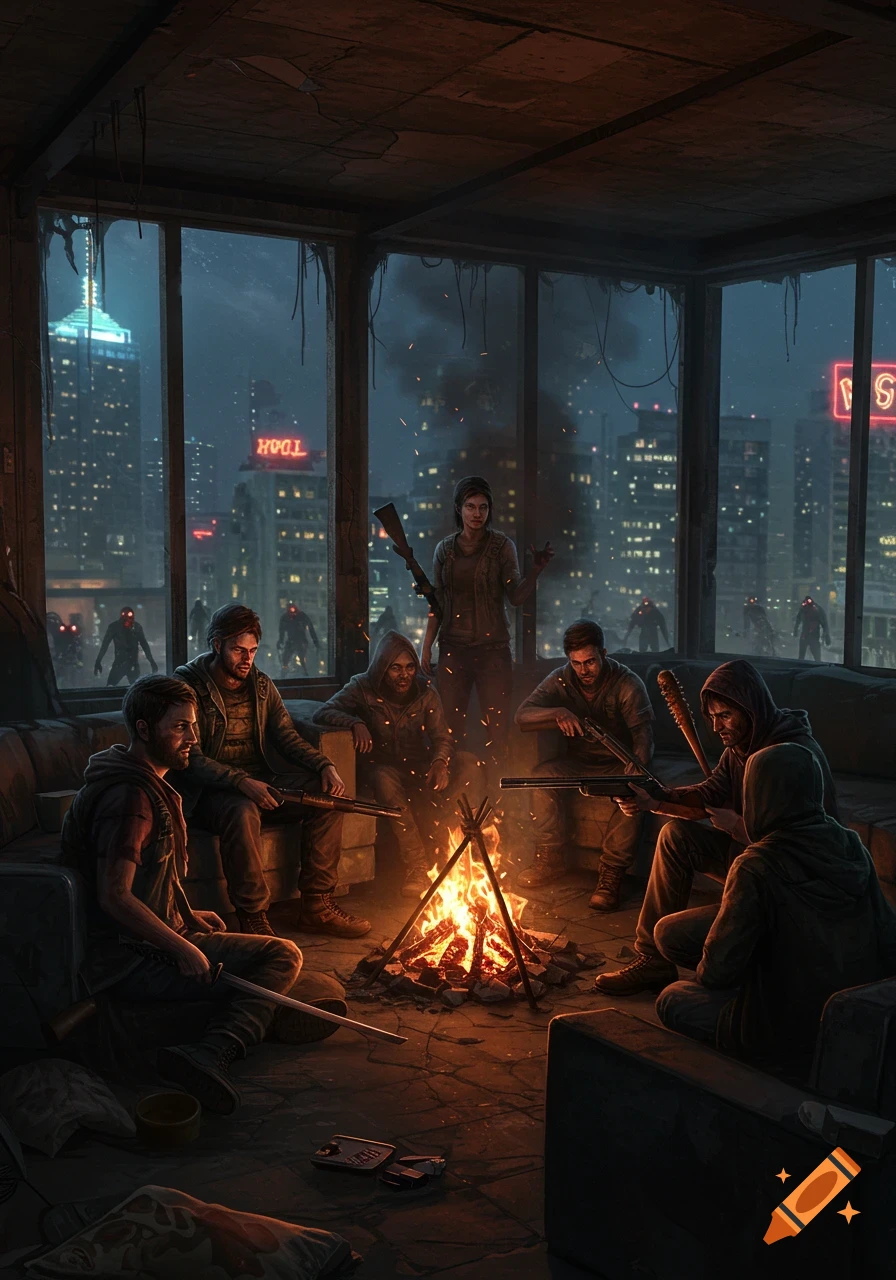 Survivors huddle by a campfire in a ruined skyscraper, armed, with zombies in the city below at night. Gritty illustration.