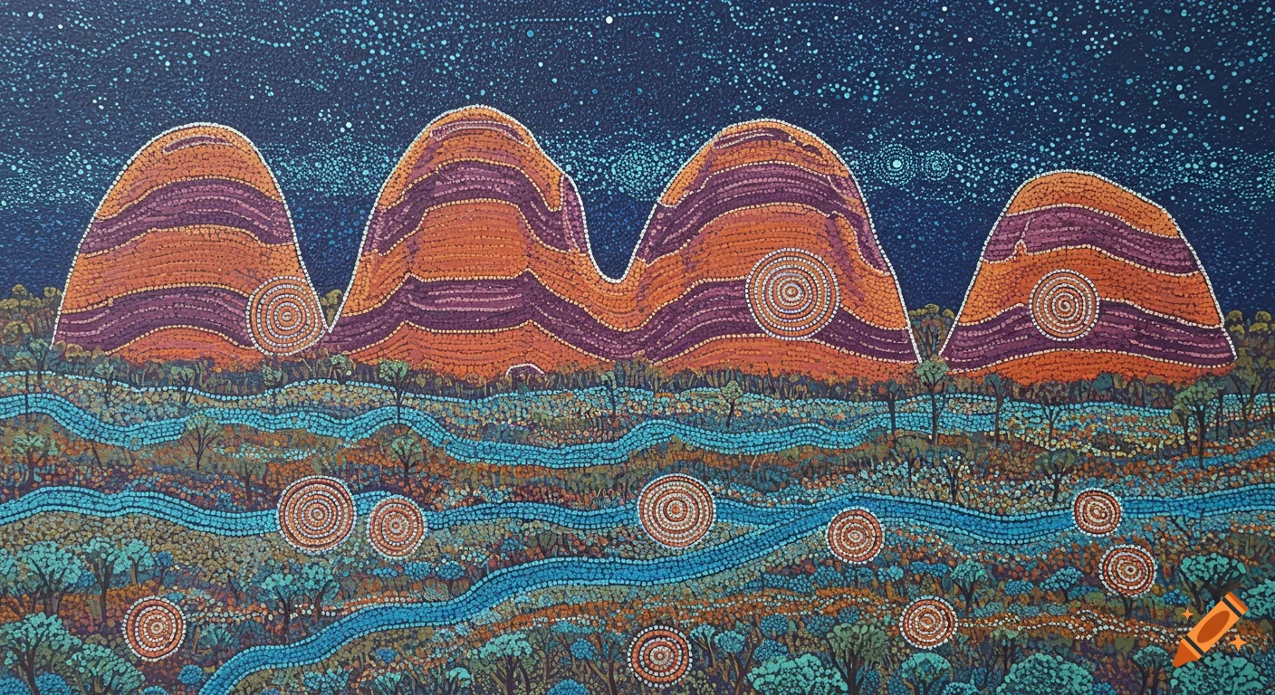 A vibrant Aboriginal dot painting depicting rounded, striped mountains, winding blue rivers, and a star-filled indigo night sky.