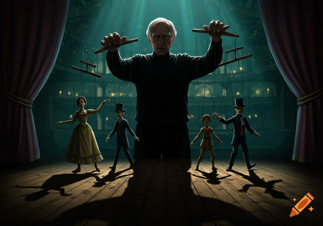 An old man in shadow controls four marionette dolls on a dimly lit stage under a spotlight.