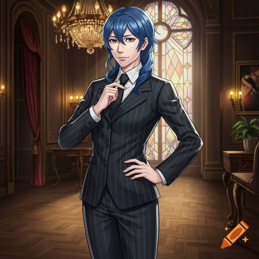 An anime-style person with blue hair in a pinstripe suit stands in a luxurious room with a chandelier and stained glass.