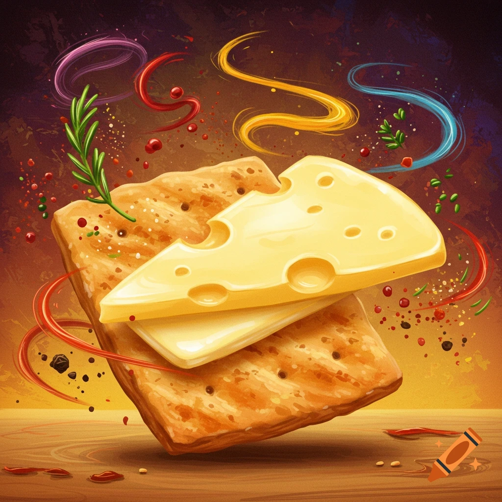 Vibrant illustration of a cracker topped with a slice of cheese, surrounded by swirling spices and colorful ribbons.