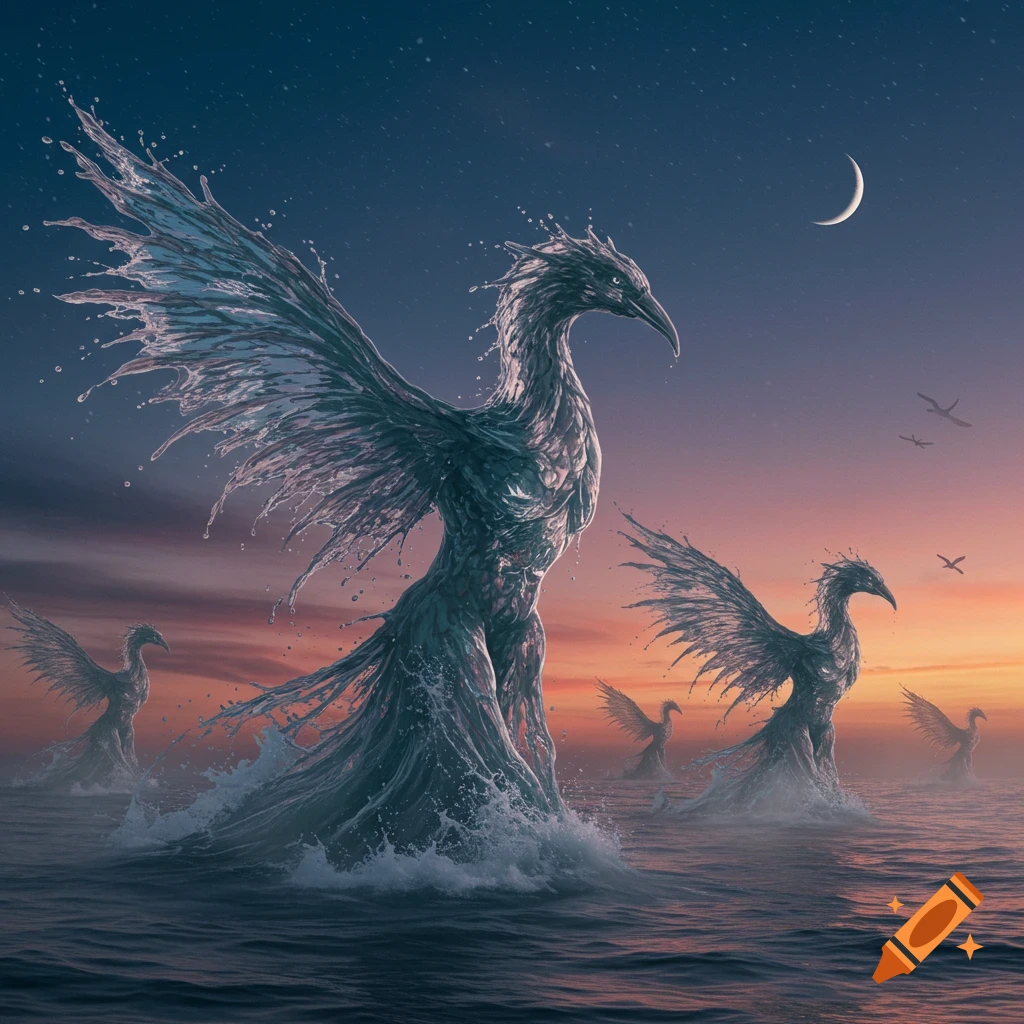 Several large, majestic bird-like creatures made of splashing water rise from a calm ocean at sunset under a crescent moon.