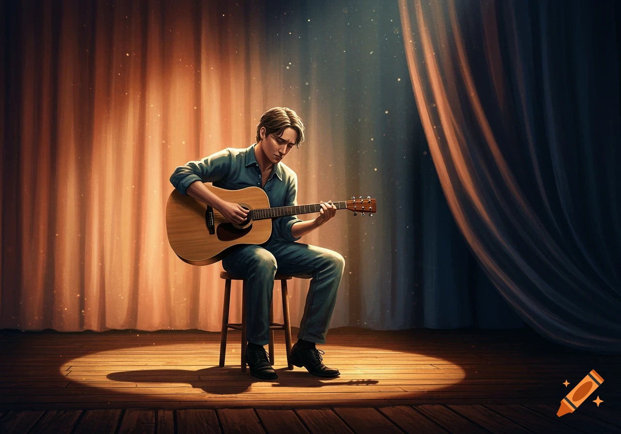 A man sits on a stool under a spotlight, playing an acoustic guitar on a stage with warm curtains, digital art.