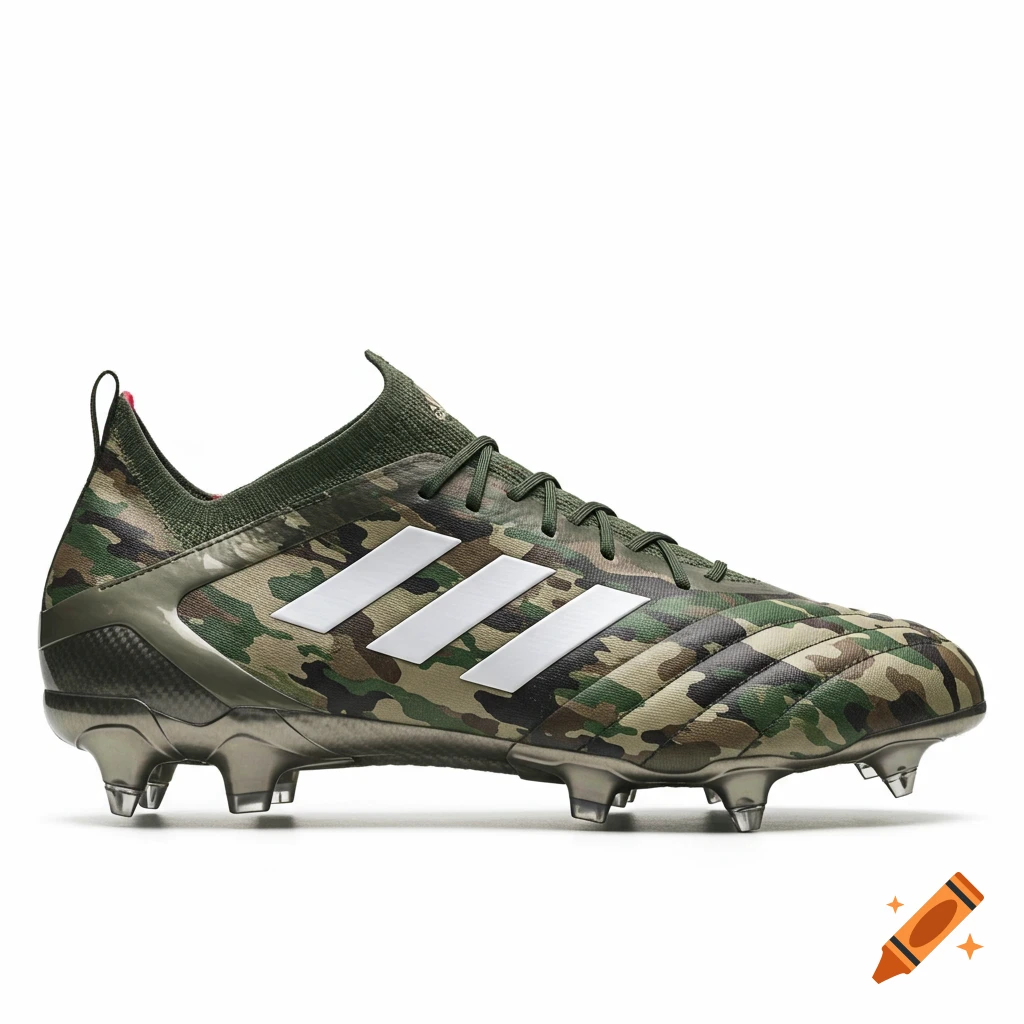 A single Adidas soccer cleat with a camouflage pattern and white stripes, on a white background.