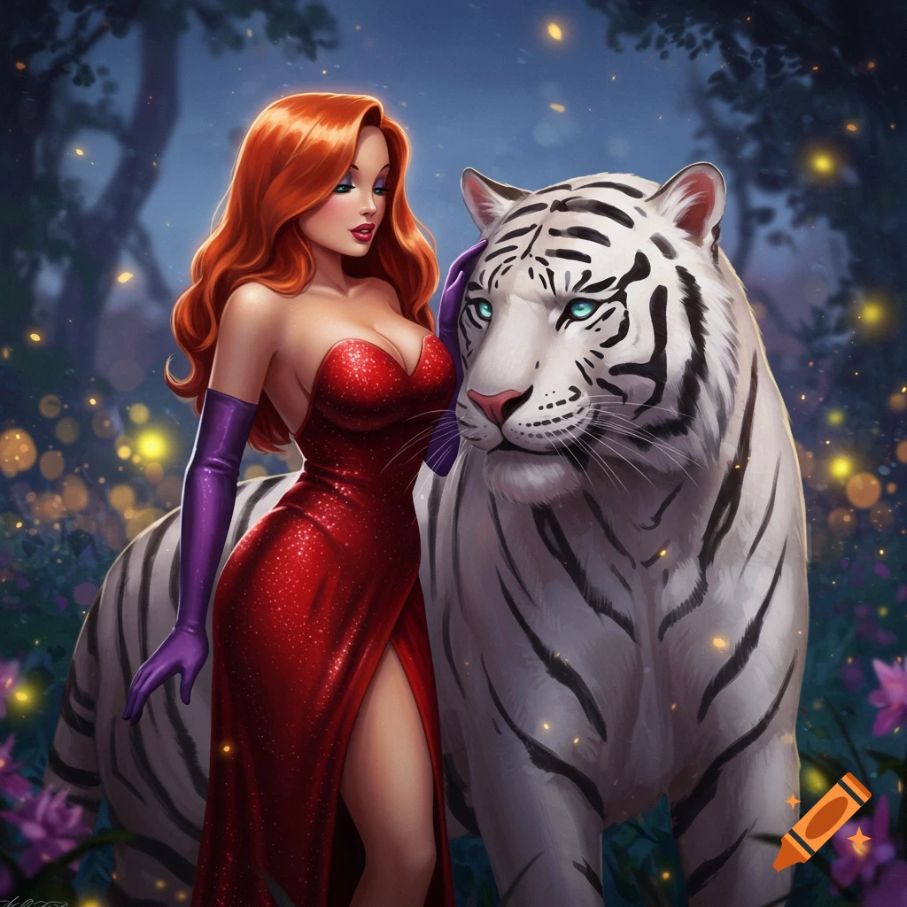 Jessica Rabbit in a sparkling red dress with a white tiger in a glowing fantasy forest.