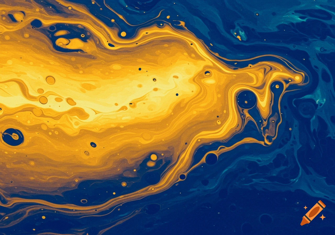 Abstract fluid art with swirling patterns of vibrant golden yellow and deep azure blue, featuring small bubbles and tendrils.