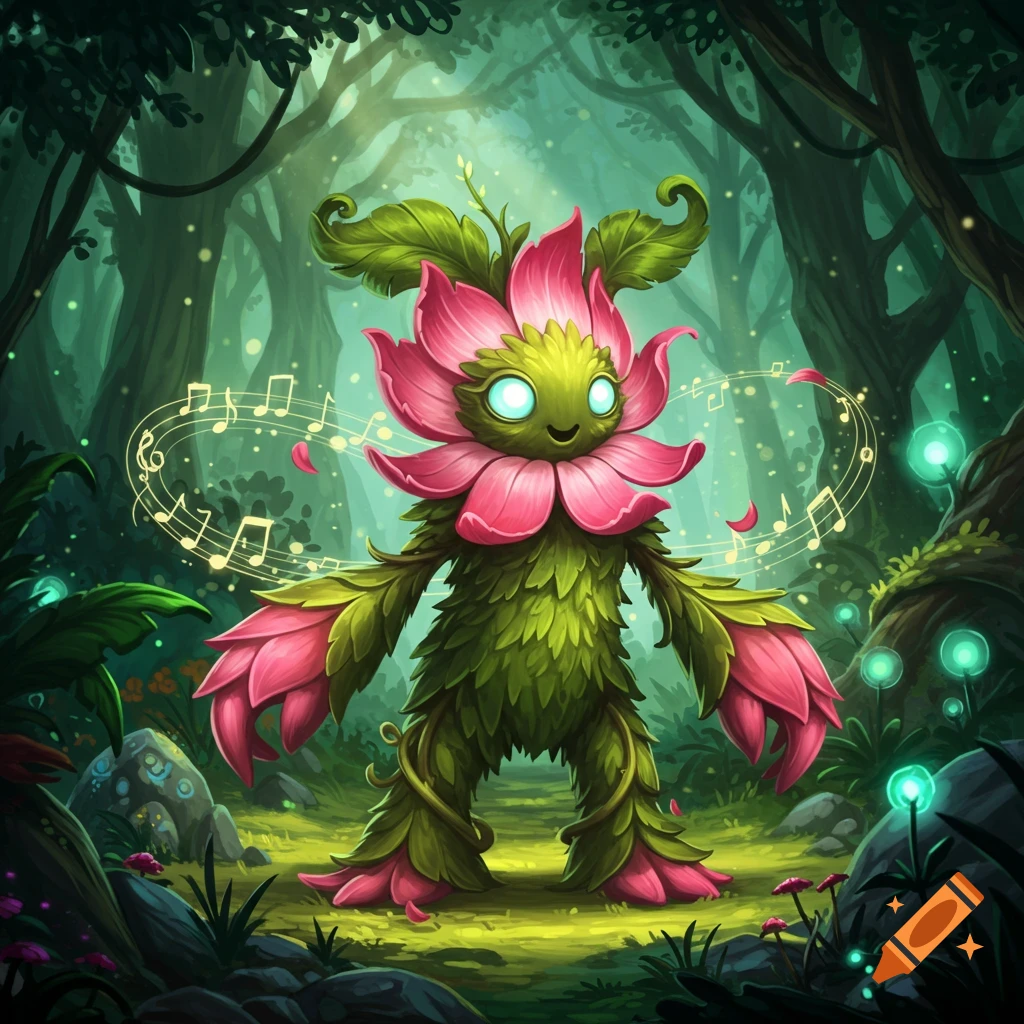 A cute green monster with pink flower petals and glowing eyes, surrounded by musical notes, stands in a magical forest.