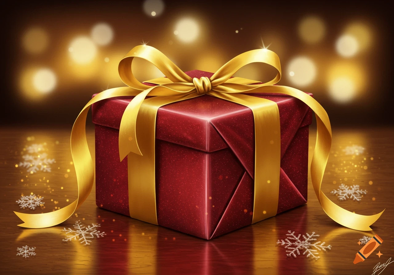 A vibrant red gift box with a shimmering gold ribbon and bow sits on a reflective wooden surface, surrounded by sparkling bokeh lights and decorative snowflakes.