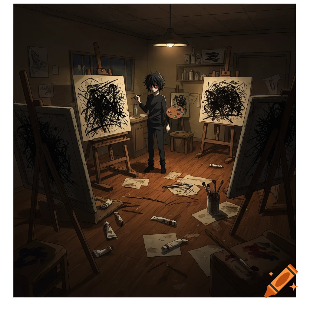 Anime artist with black hair and red eyes painting abstract black canvases in a messy, dimly lit art studio.