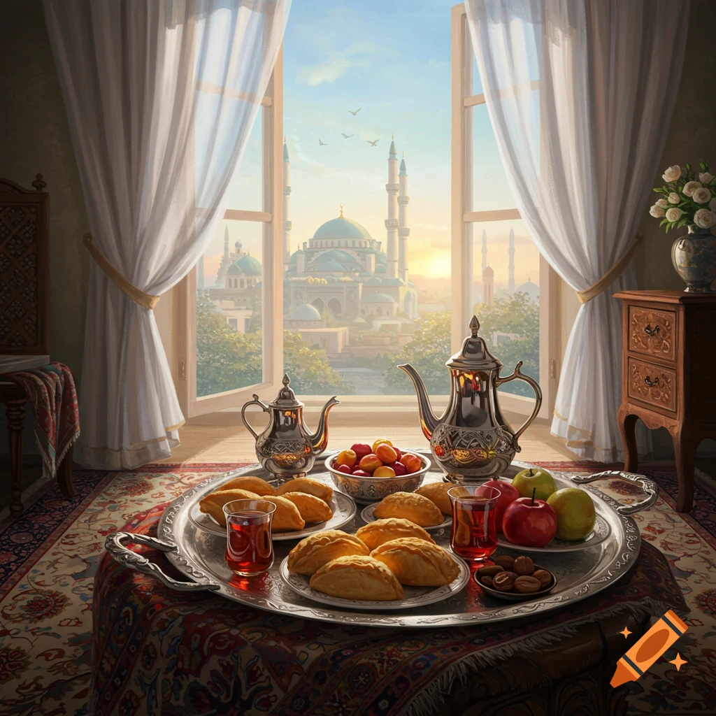 A lavish breakfast spread with pastries, fruits, and teapots on a tray, by a window overlooking a grand mosque at sunrise.