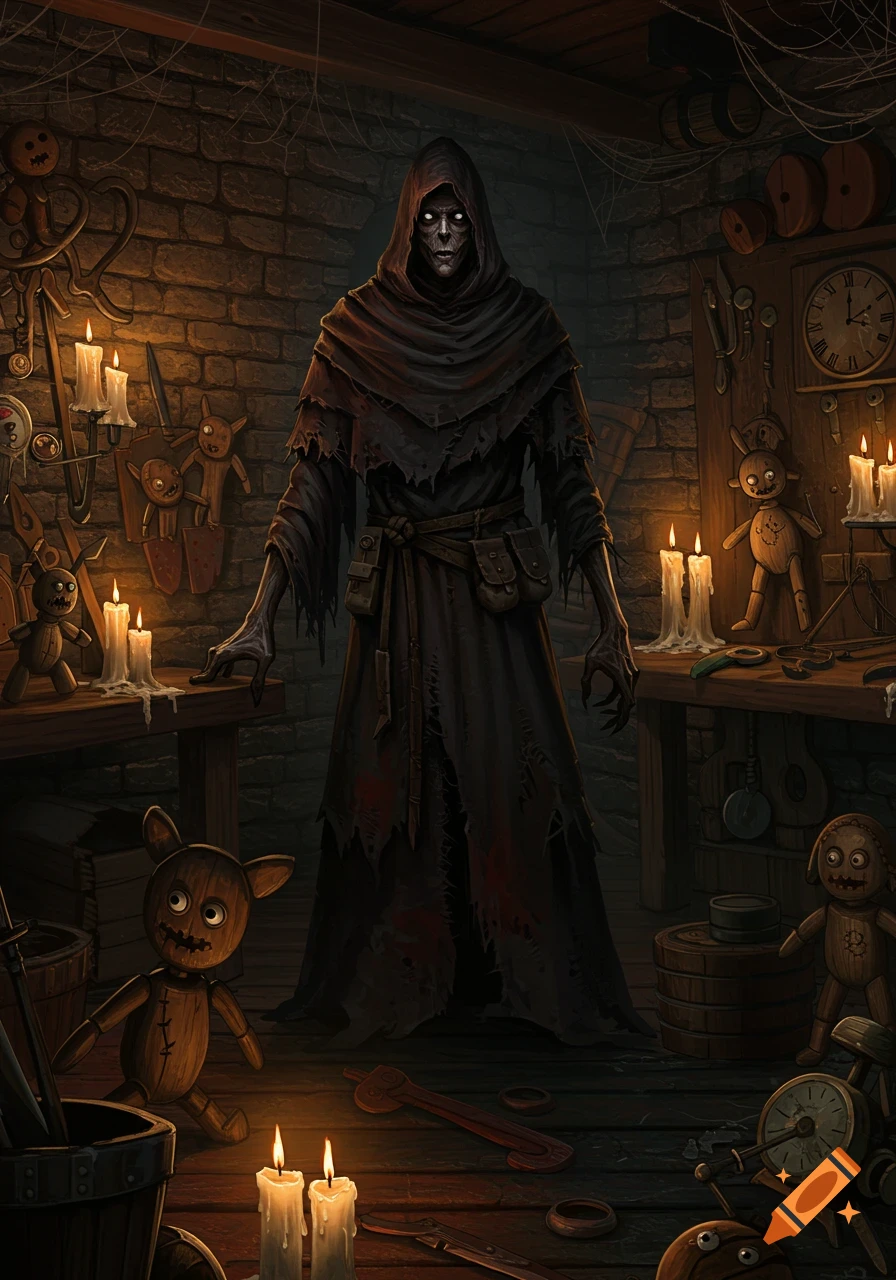 A skeletal, hooded figure stands in a dark, candlelit workshop filled with creepy wooden dolls and tools, in a detailed fantasy art style.