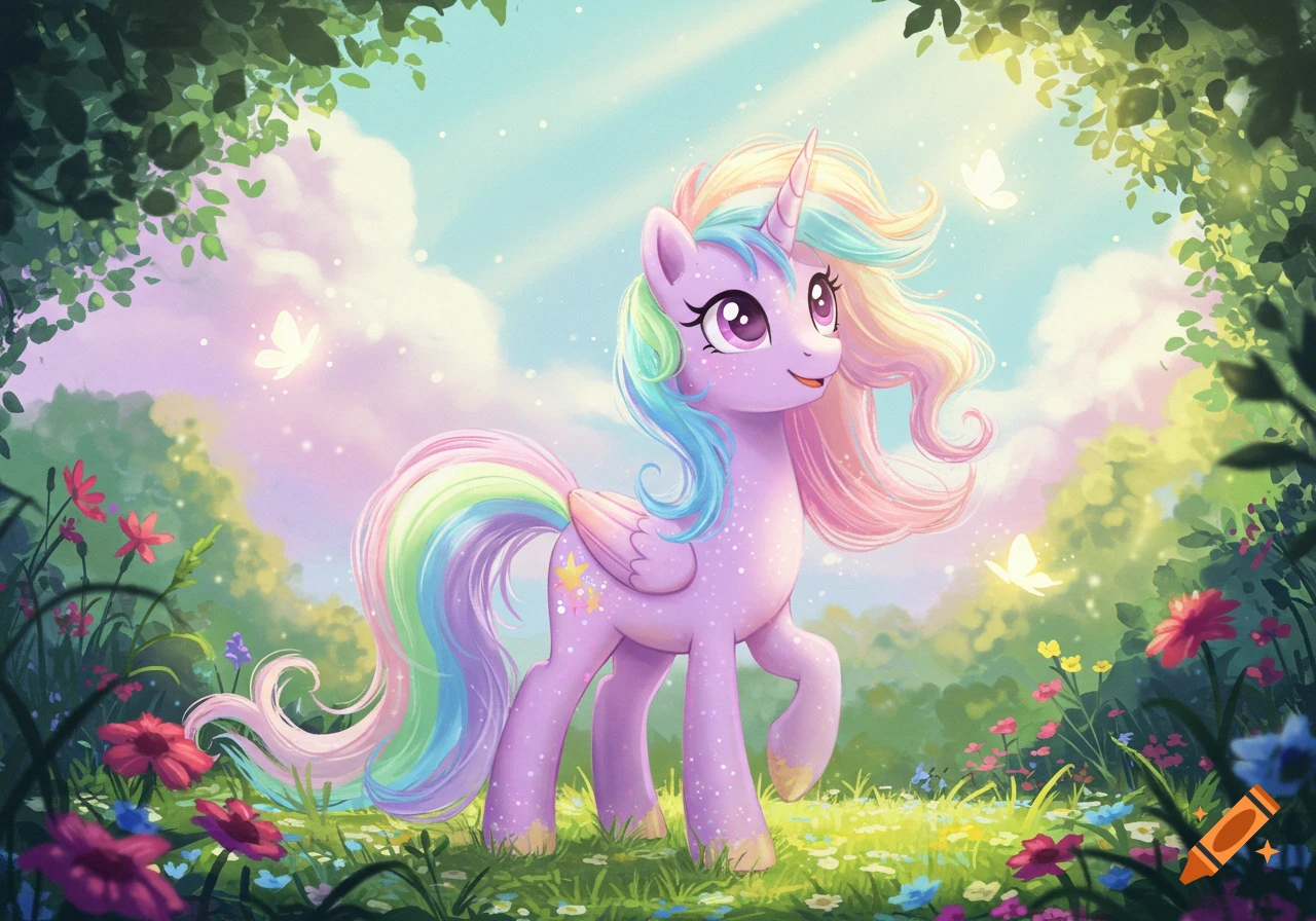 A cute, lavender cartoon unicorn with a rainbow mane and tail stands in a magical forest surrounded by flowers and butterflies.