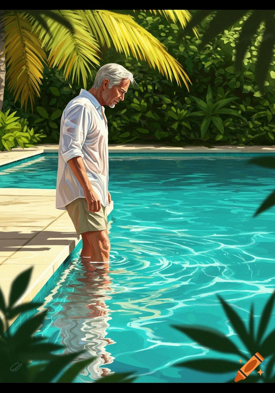 Illustrative painting of a man with grey hair wading in a bright blue swimming pool surrounded by tropical plants.