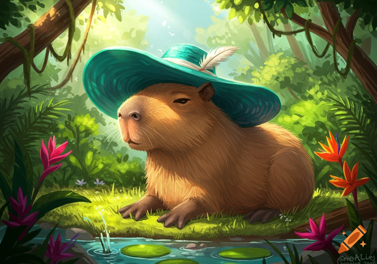 A cute capybara wearing a large teal hat with a feather, resting by a pond with lily pads in a vibrant jungle setting. Illustrated art style.