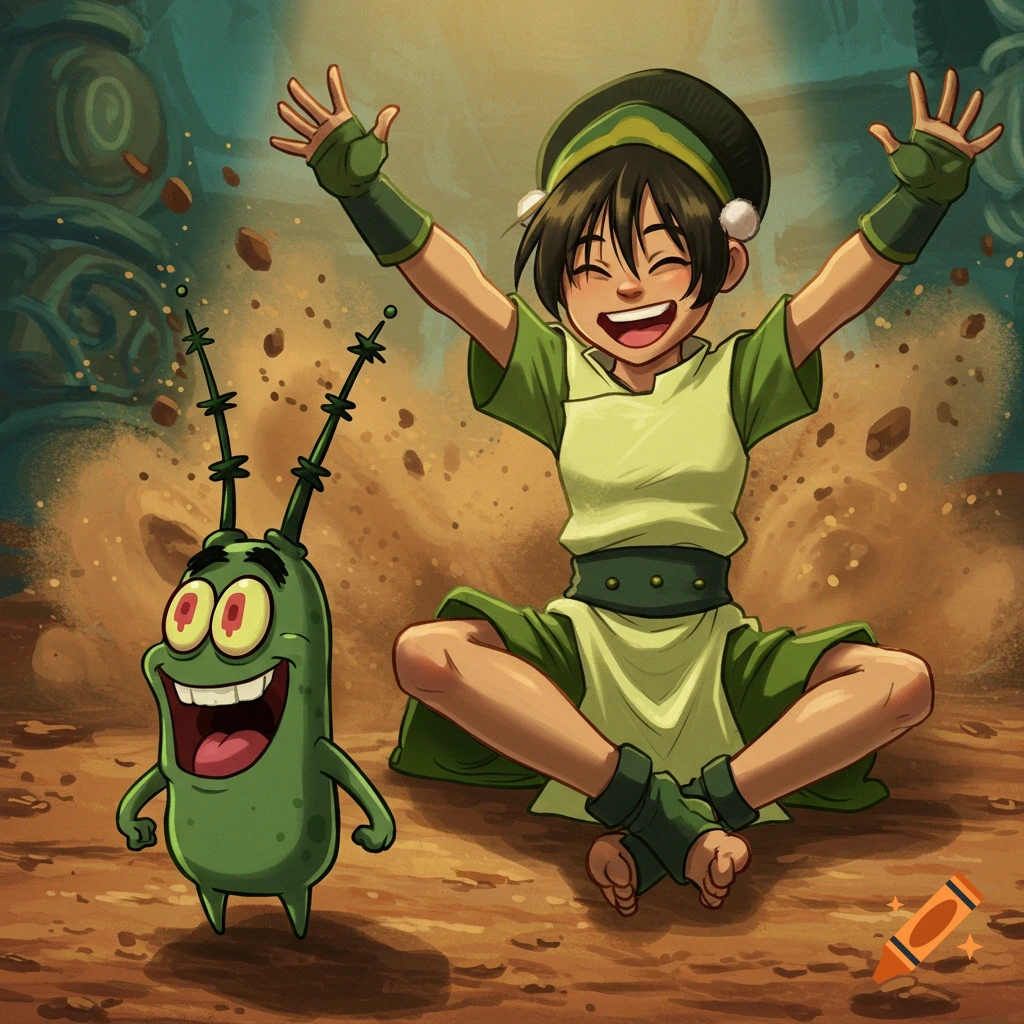 Toph Beifong sits happily in the dirt with hands raised, next to a grinning Plankton, in a vibrant cartoon style.