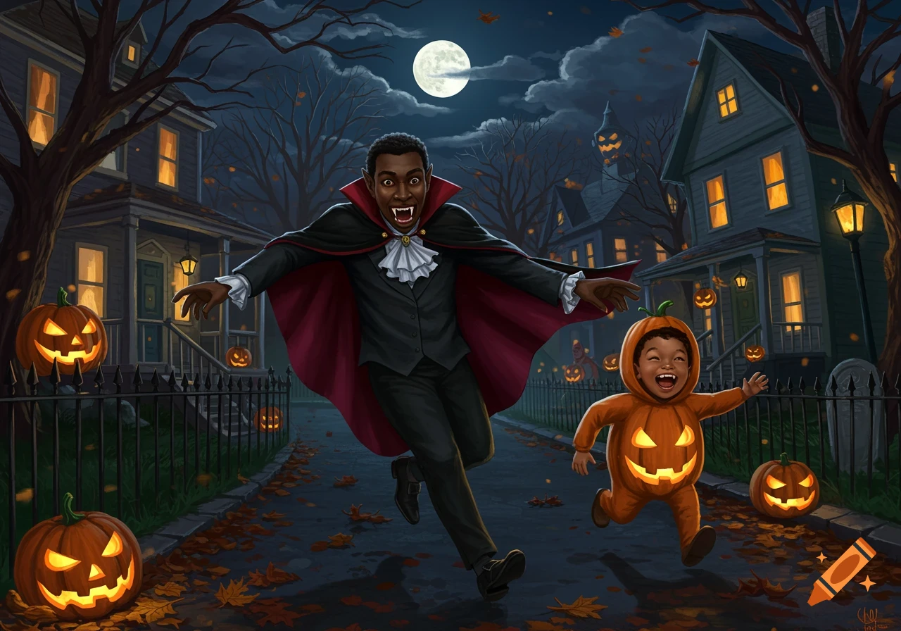 Vampire man playfully chases a laughing child in a pumpkin costume down a Halloween street at night.