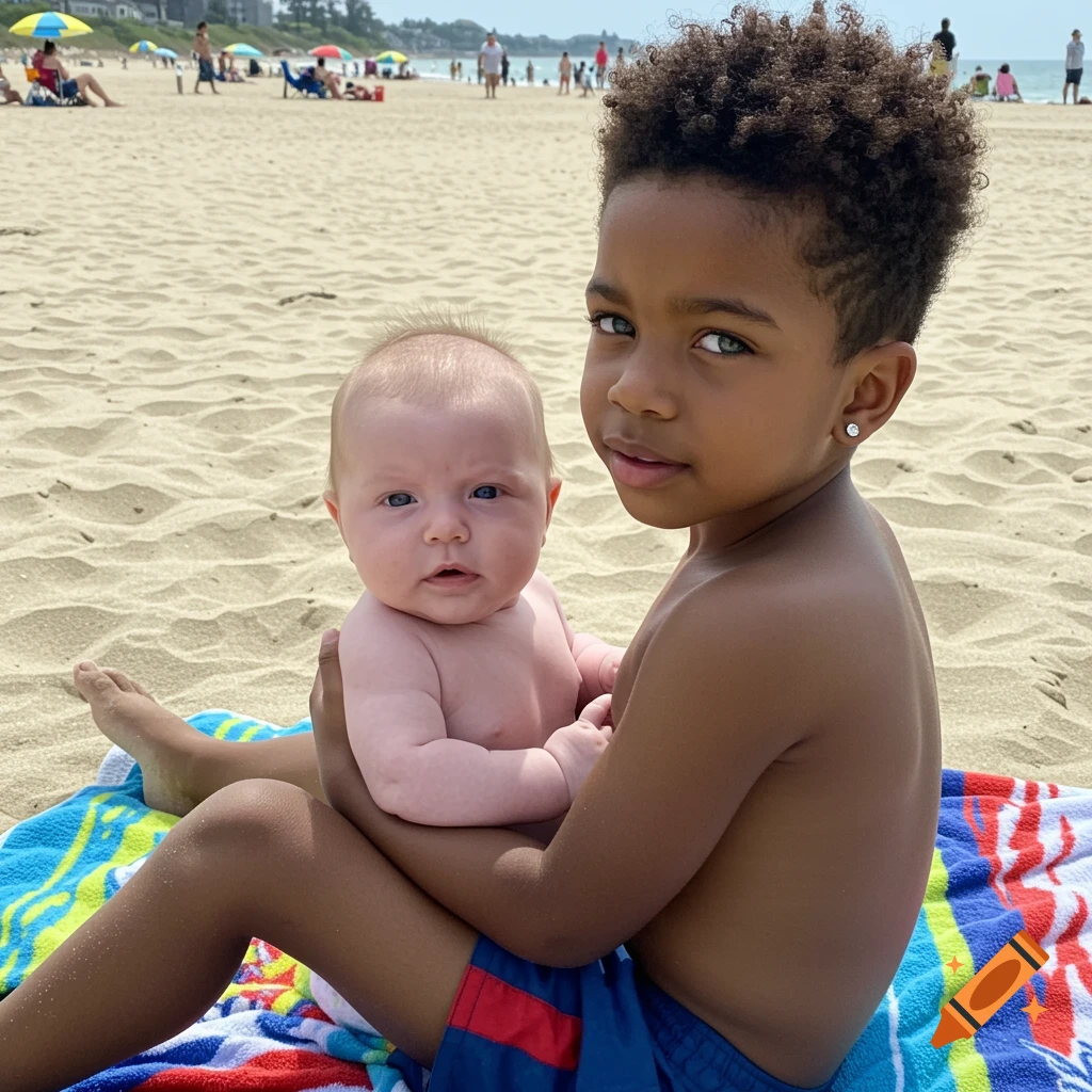 A young boy with dark curly hair and green eyes holds a baby on a striped towel at a sunny beach with people in the background.