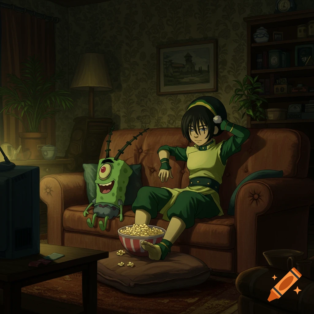 Toph Beifong and Plankton sit on a couch in a dimly lit living room, watching TV and eating popcorn. Animated style.