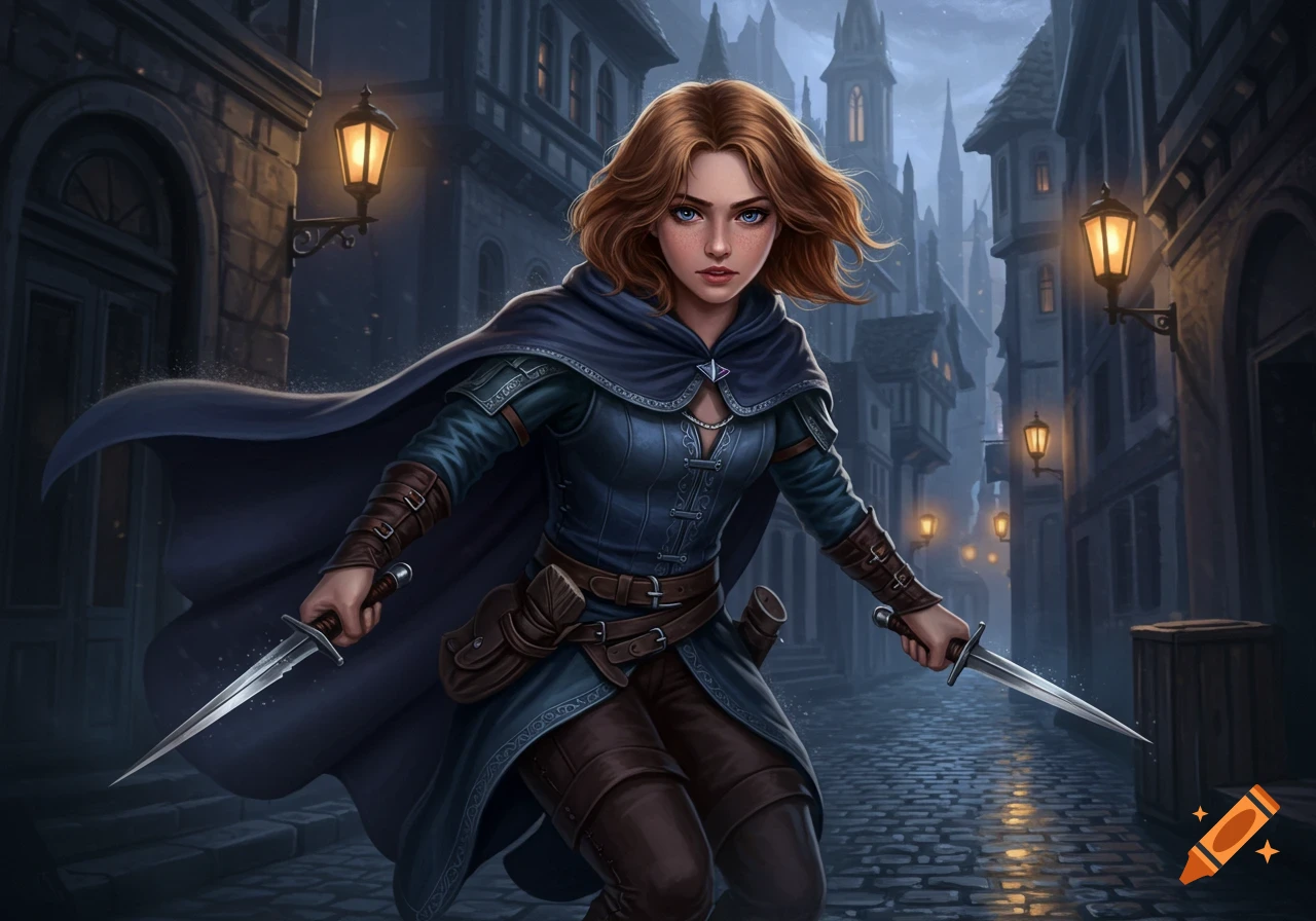 A red-haired fantasy rogue in a dark cloak and leather armor holds two daggers in a cobblestone alley at night.