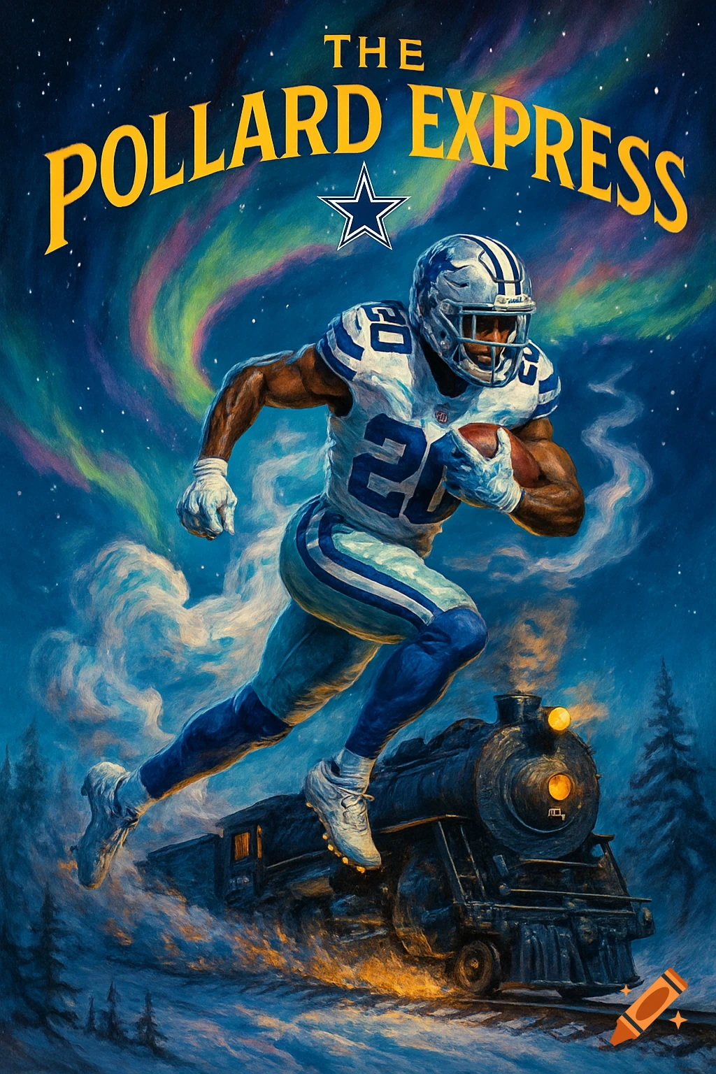 Digital painting of a Dallas Cowboys running back above a snowy steam train under aurora borealis. Text: 'The Pollard Express'.