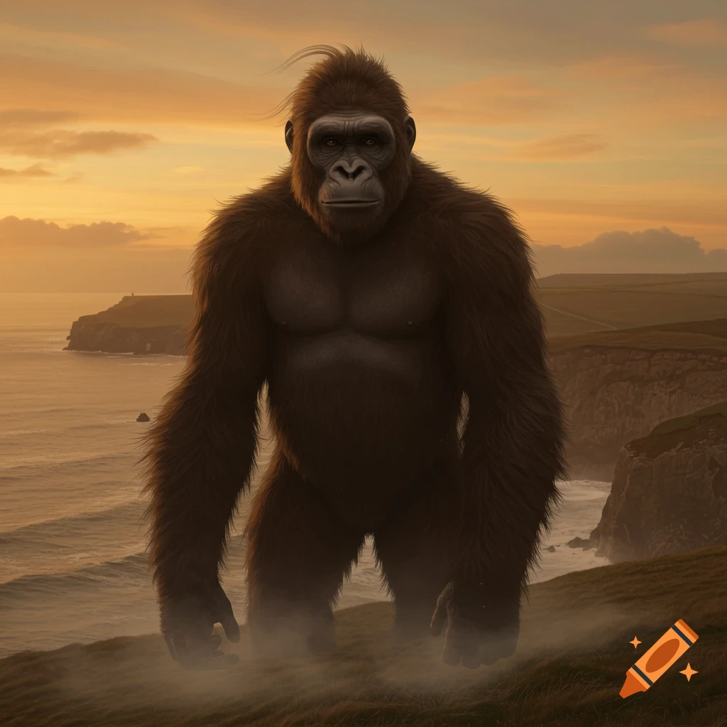 A giant ape-like creature stands on a grassy cliff overlooking a wavy ocean at sunset.
