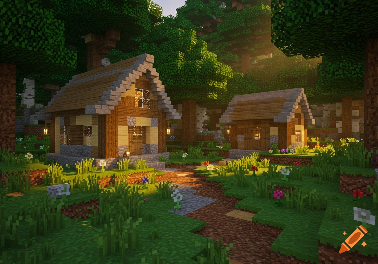 Two blocky Minecraft-style wooden houses with stone foundations in a lush green forest, bathed in sunlight.