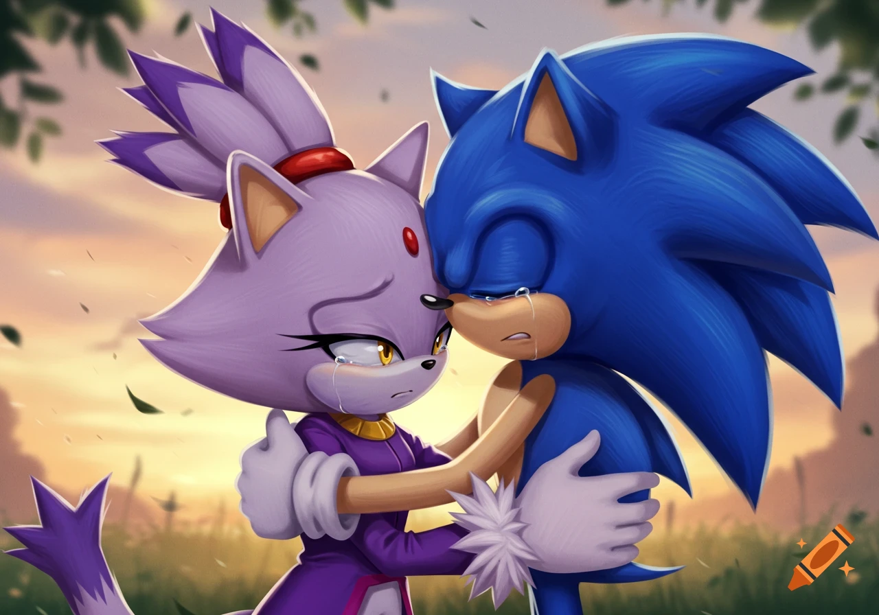 Anime-style illustration of Blaze the Cat crying, embraced by Sonic the Hedgehog at sunset.