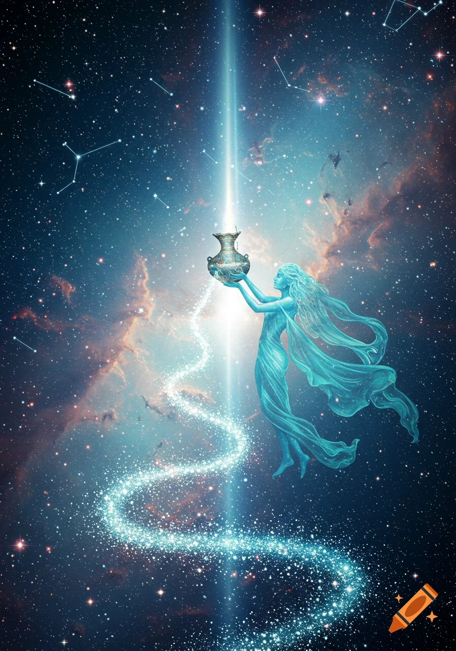 Ethereal blue figure with flowing robes holds an ornate vase emitting a sparkling stream of light in a cosmic starfield.