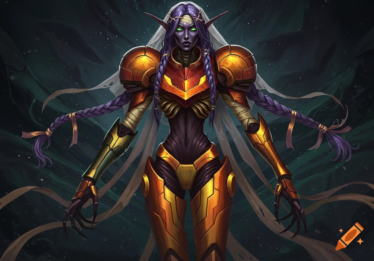 An armored dark elf with purple braids and green eyes, wearing golden Metroid-style power armor and a veil, against a dark, starry background.