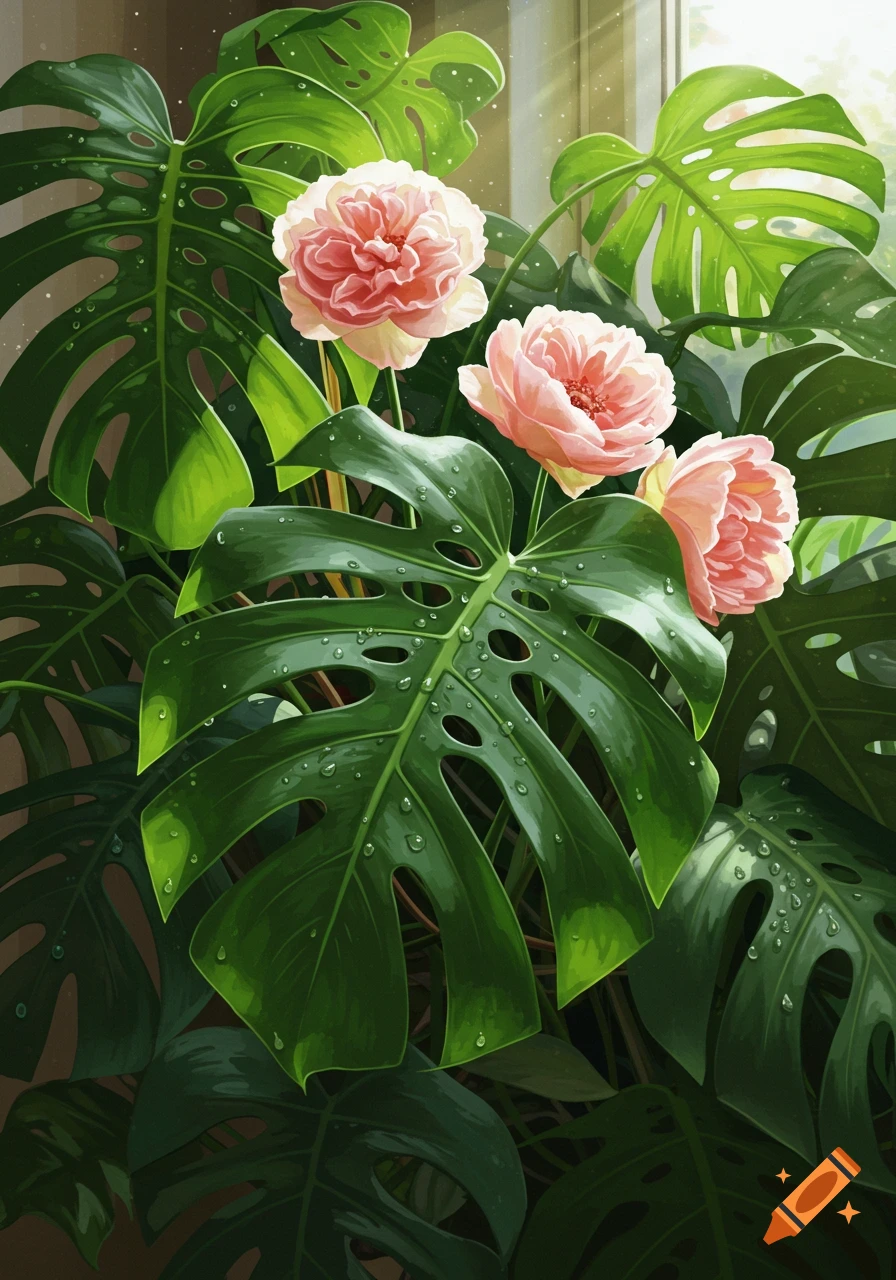 Vibrant illustration of large green Monstera leaves with water droplets and three soft pink flowers.