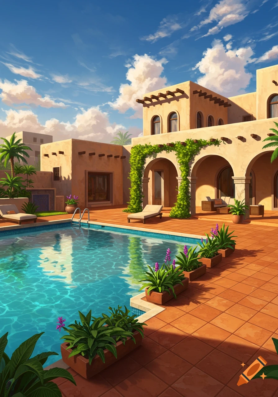 Sunny outdoor swimming pool with terracotta patio, lounge chairs, and buildings with arches and green vines under a blue sky.